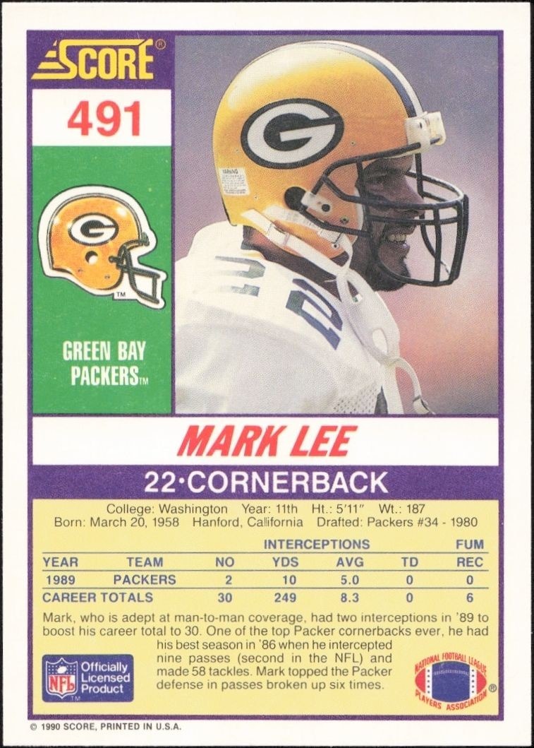 1990 Score Mark Lee #491 football trading card back