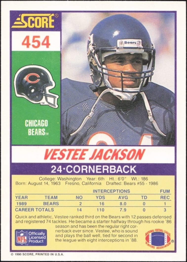 1990 Score Vestee Jackson #454 football trading card back