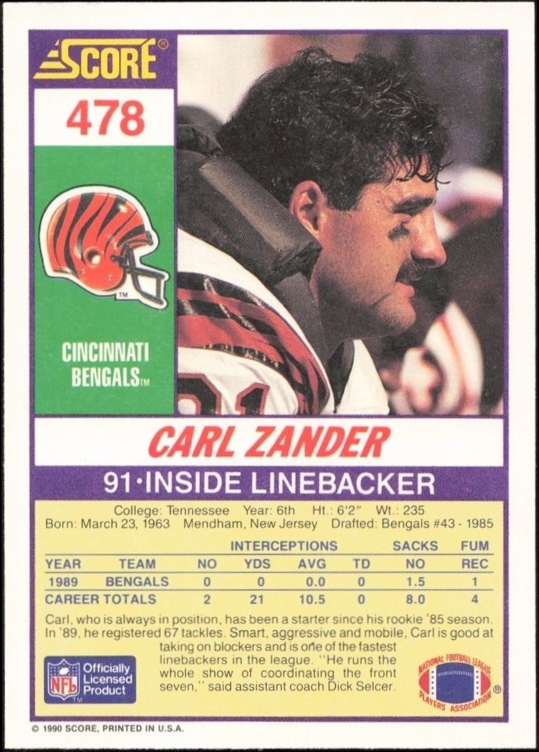 1990 Score Carl Zander #478 football trading card back