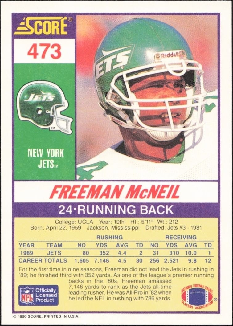 1990 Score Freeman McNeil #473 football trading card back