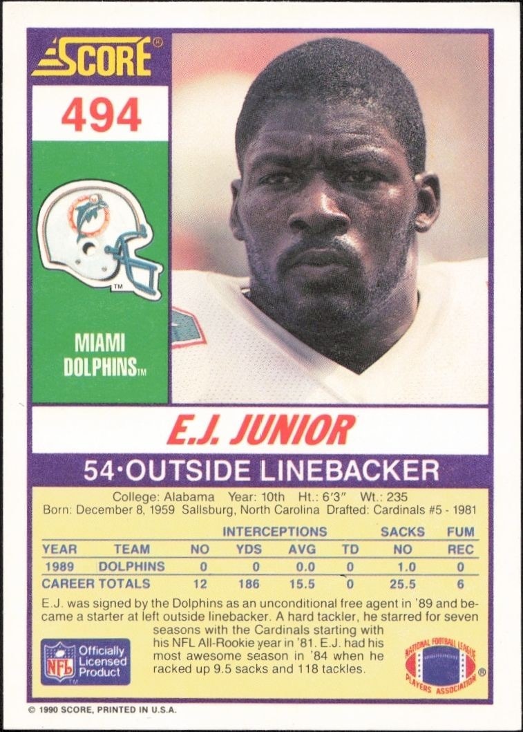 1990 Score E.J. Junior #494 football trading card back