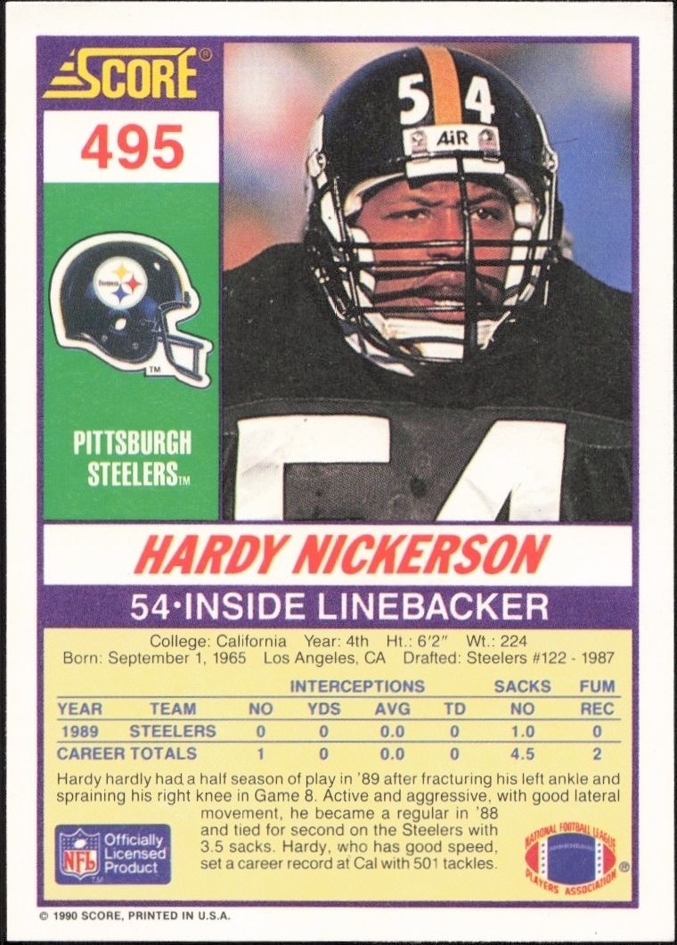1990 Score Hardy Nickerson #495 football trading card back