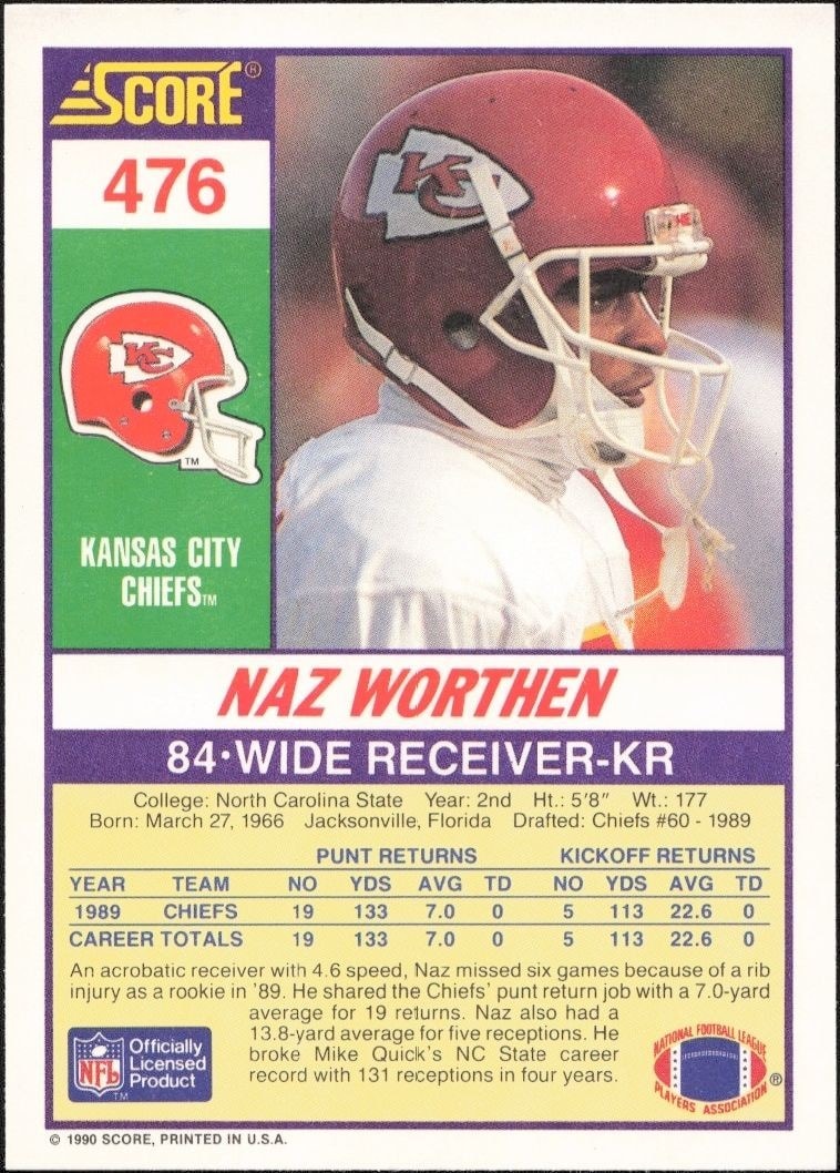 1990 Score Naz Worthen #476 football trading card back