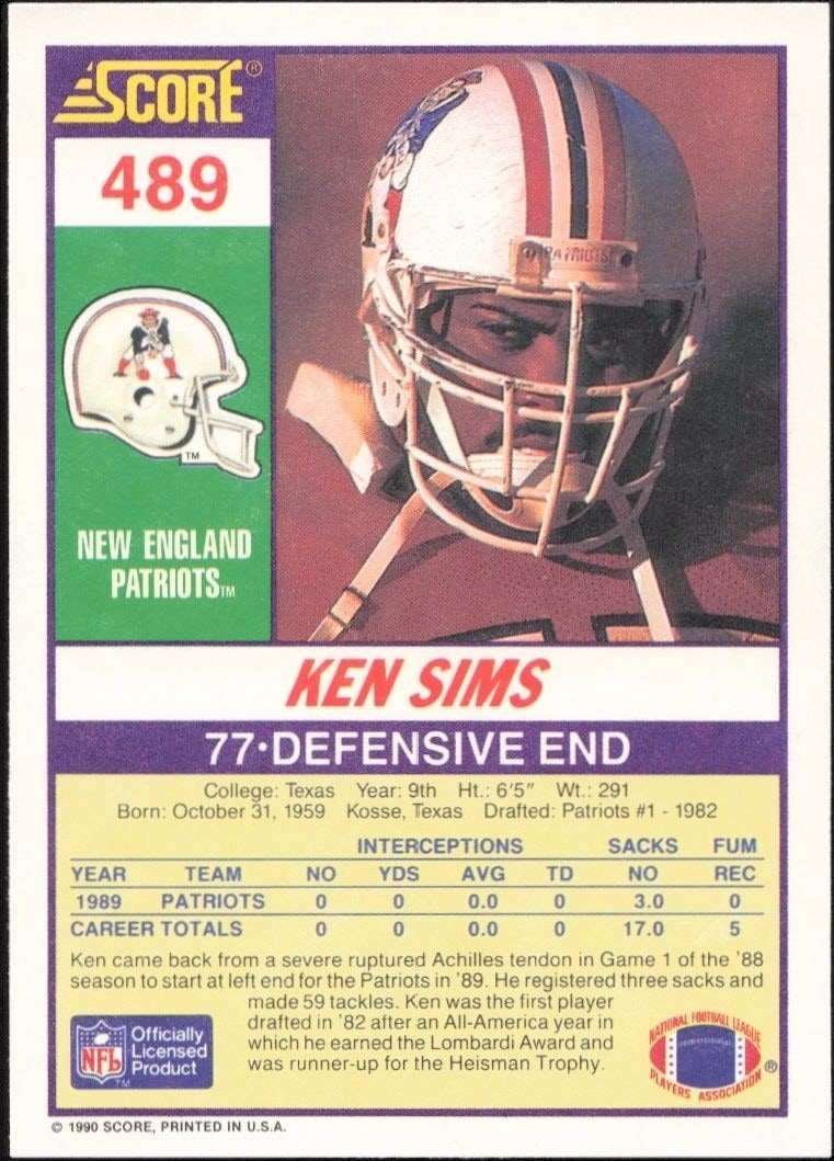 1990 Score Ken Sims #489 football trading card back