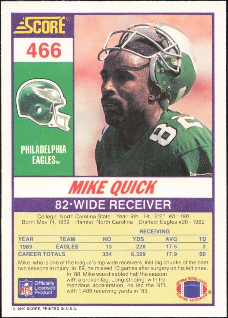 1990 Score Mike Quick #466 football trading card back