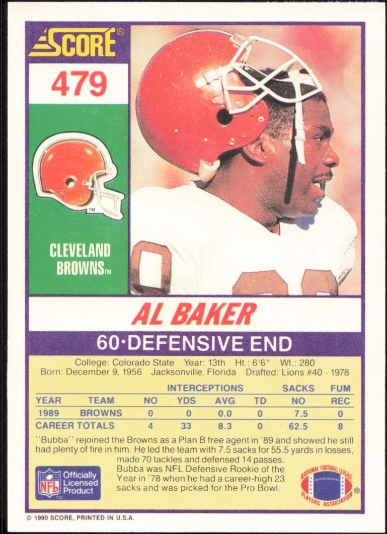 1990 Score Al Baker #479 football trading card back