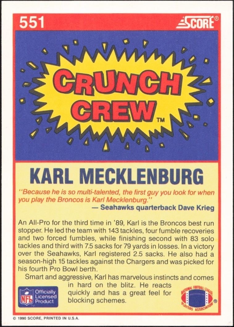 1990 Score Karl Mecklenburg #551 football trading card back