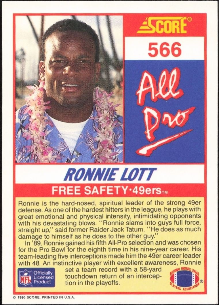 1990 Score Ronnie Lott #566 football trading card back