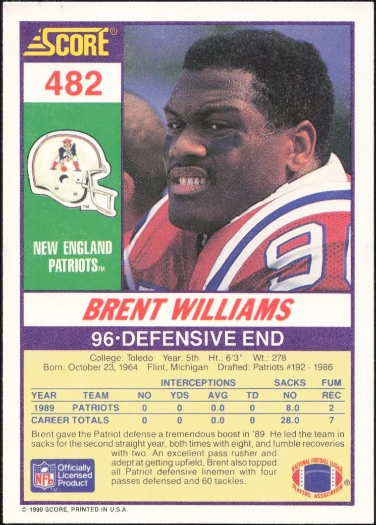 1990 Score Brent Williams #482 football trading card back