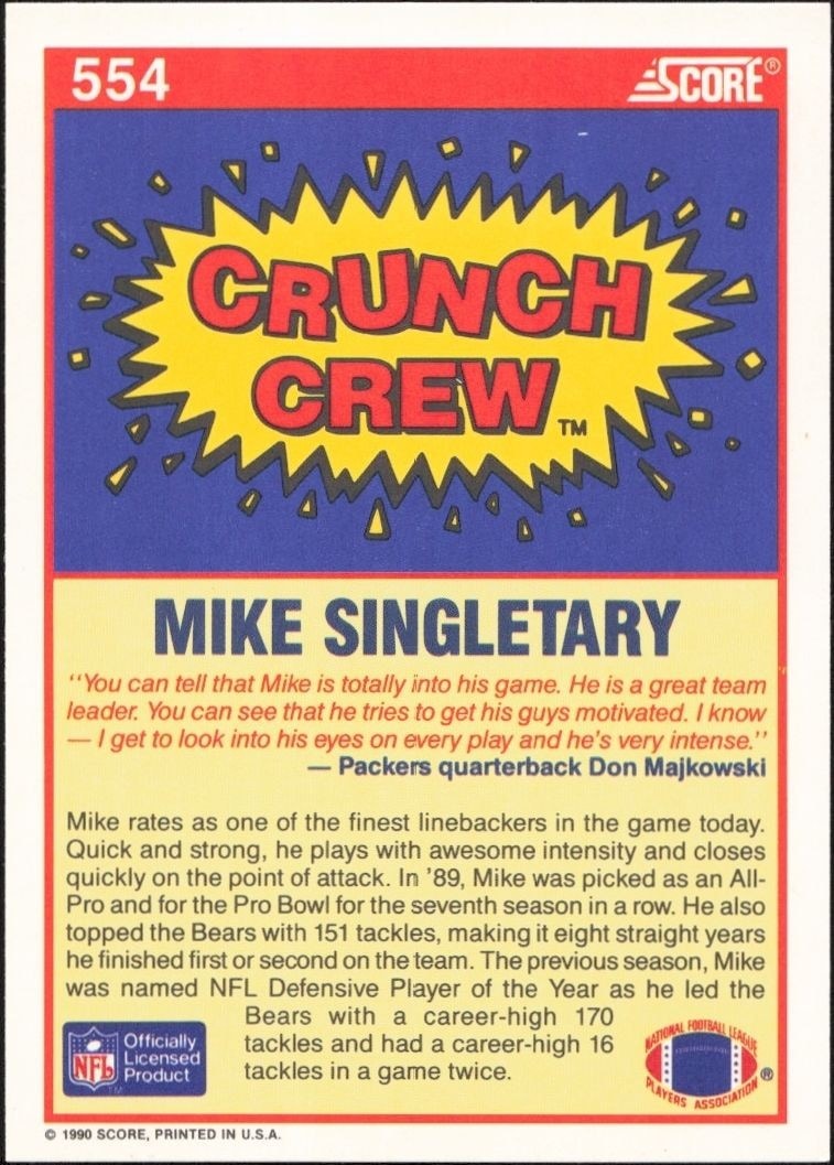 1990 Score Mike Singletary #554 football trading card back
