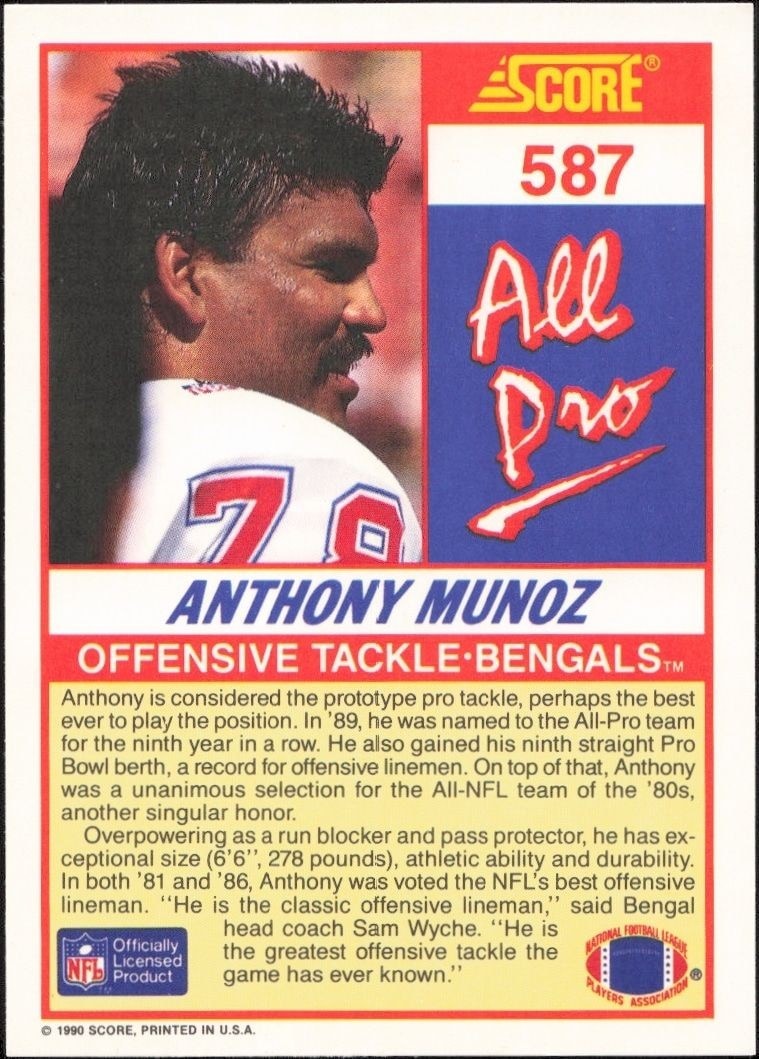 1990 Score Anthony Munoz #587 football trading card back