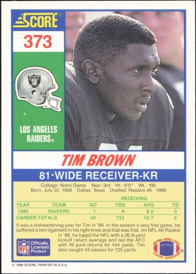 1990 Score Tim Brown #373 football trading card back