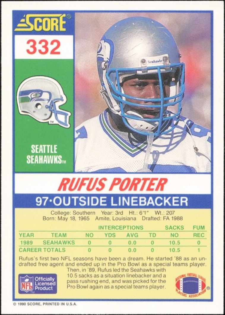 1990 Score Rufus Porter #332 football trading card back