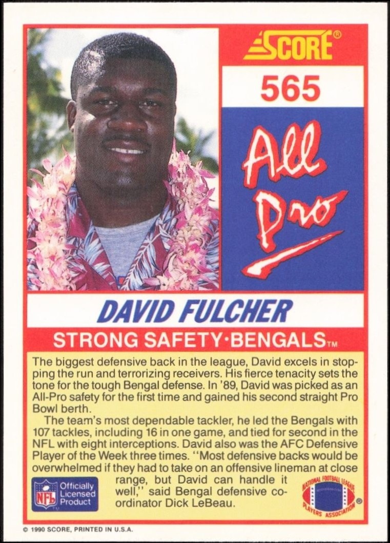 1990 Score David Fulcher #565 football trading card back