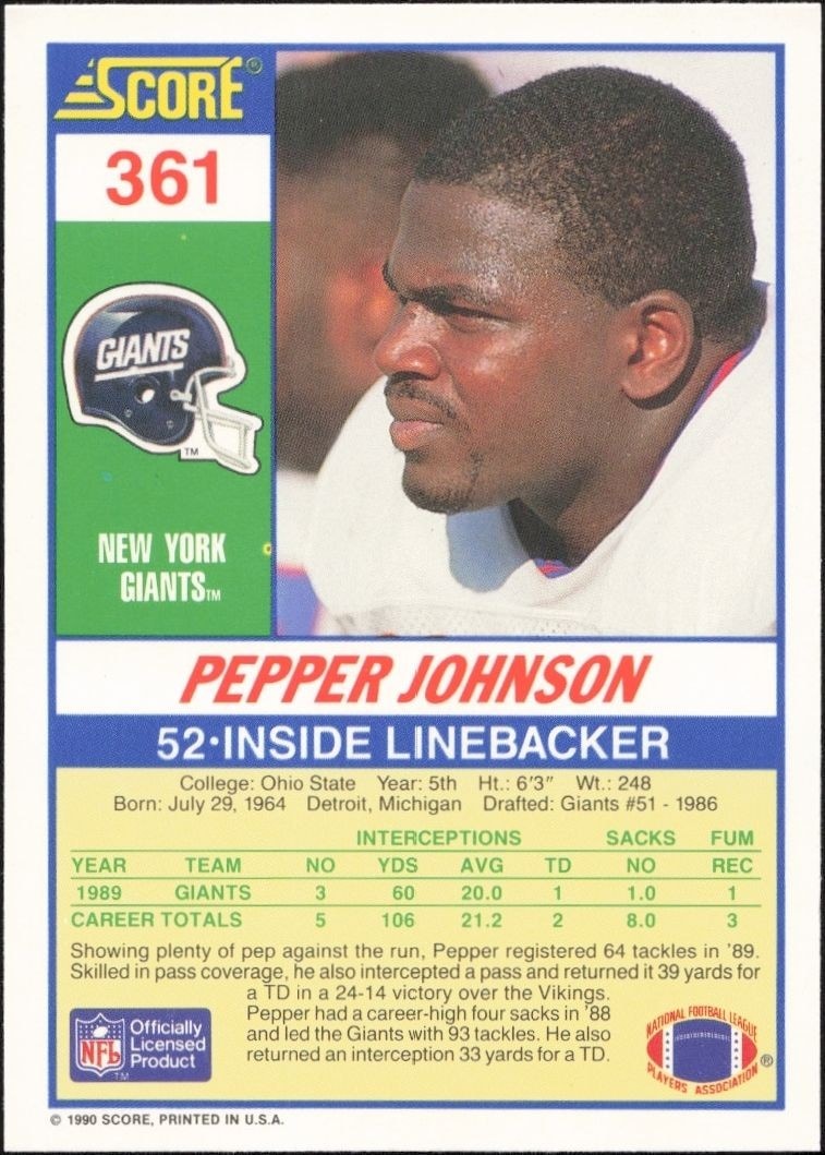 1990 Score Pepper Johnson #361 football trading card back