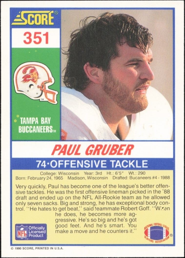 1990 Score Paul Gruber #351 football trading card back