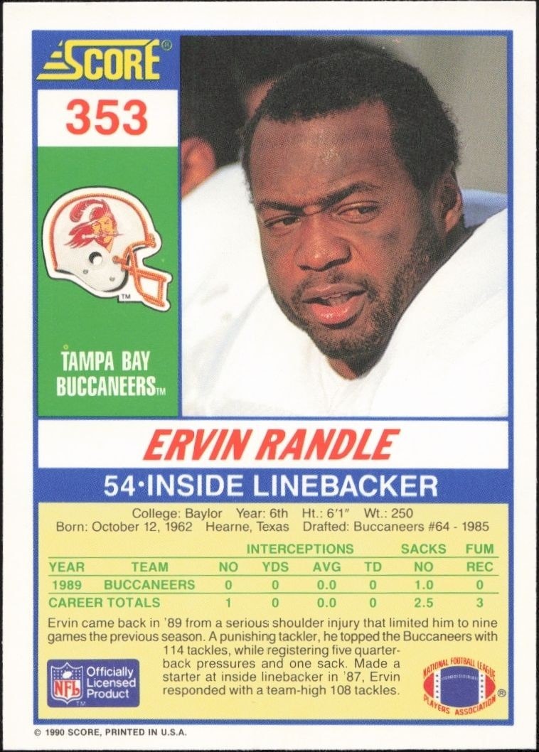1990 Score Ervin Randle #353 football trading card back