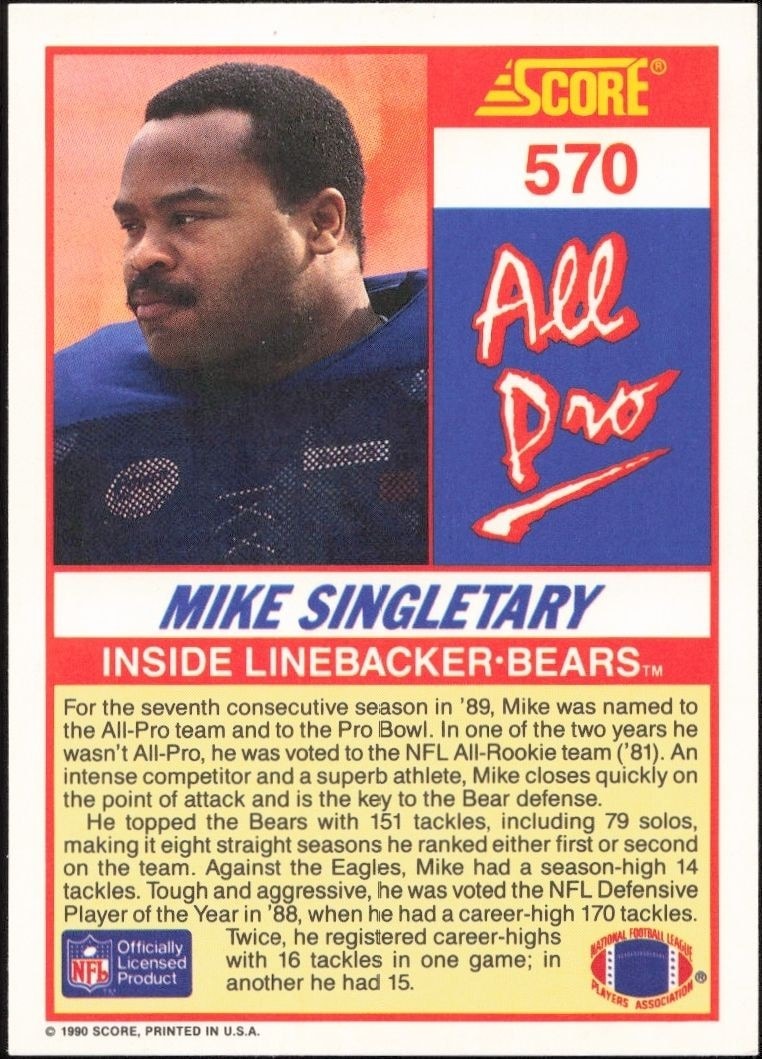 1990 Score Mike Singletary #570 football trading card back