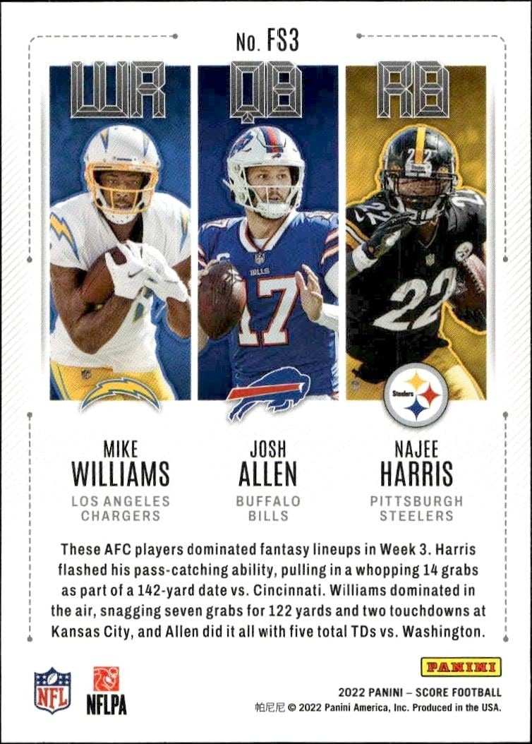 2022 Panini Score Mike Williams #FS3 football trading card back