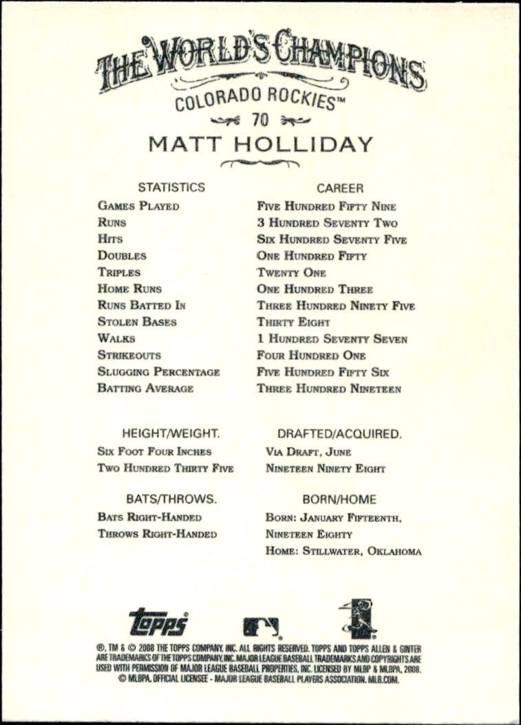 2008 Topps Allen & Ginter Matt Holliday #70 baseball trading card back