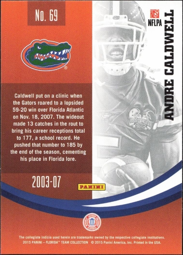 2015 Panini Florida Gators Andre Caldwell #69 football trading card back