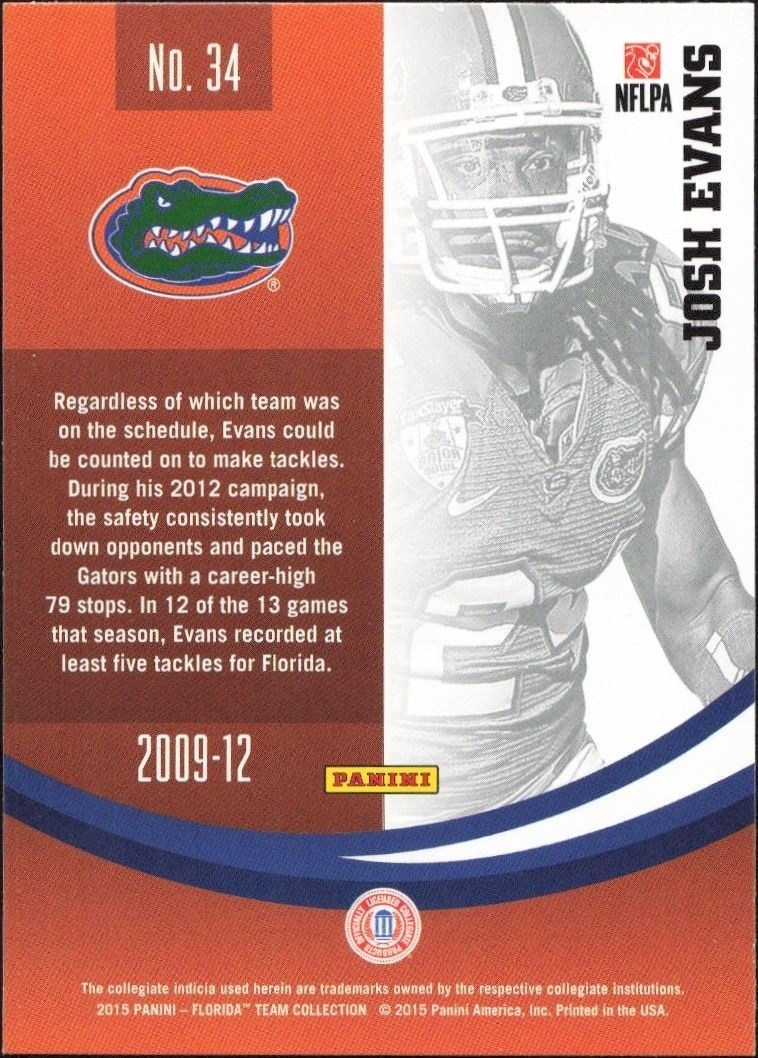 2015 Panini Florida Gators Josh Evans #34 football trading card back