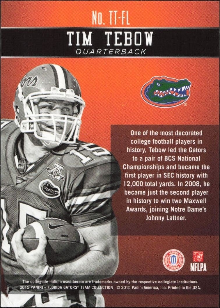 2015 Panini Florida Gators Tim Tebow #TT-FL football trading card back