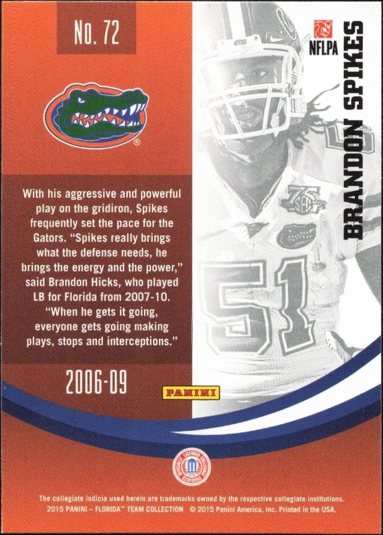 2015 Panini Florida Gators Brandon Spikes #72 football trading card back