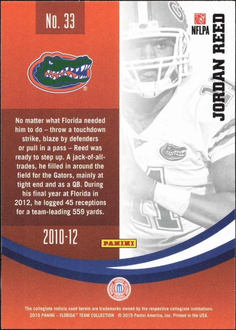 2015 Panini Florida Gators Jordan Reed #33 football trading card back