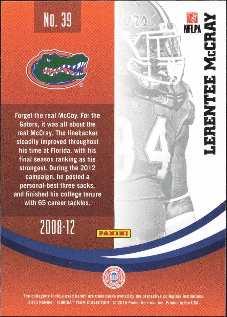 2015 Panini Florida Gators Lerentee McCray #39 football trading card back