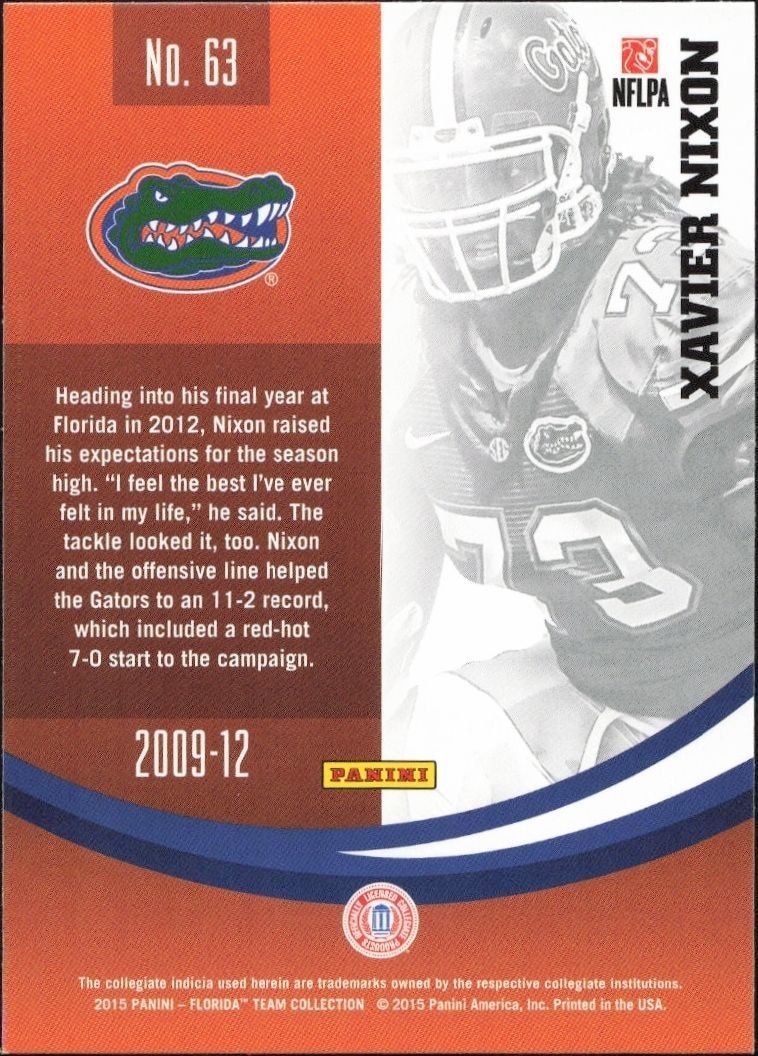 2015 Panini Florida Gators Xavier Nixon #63 football trading card back