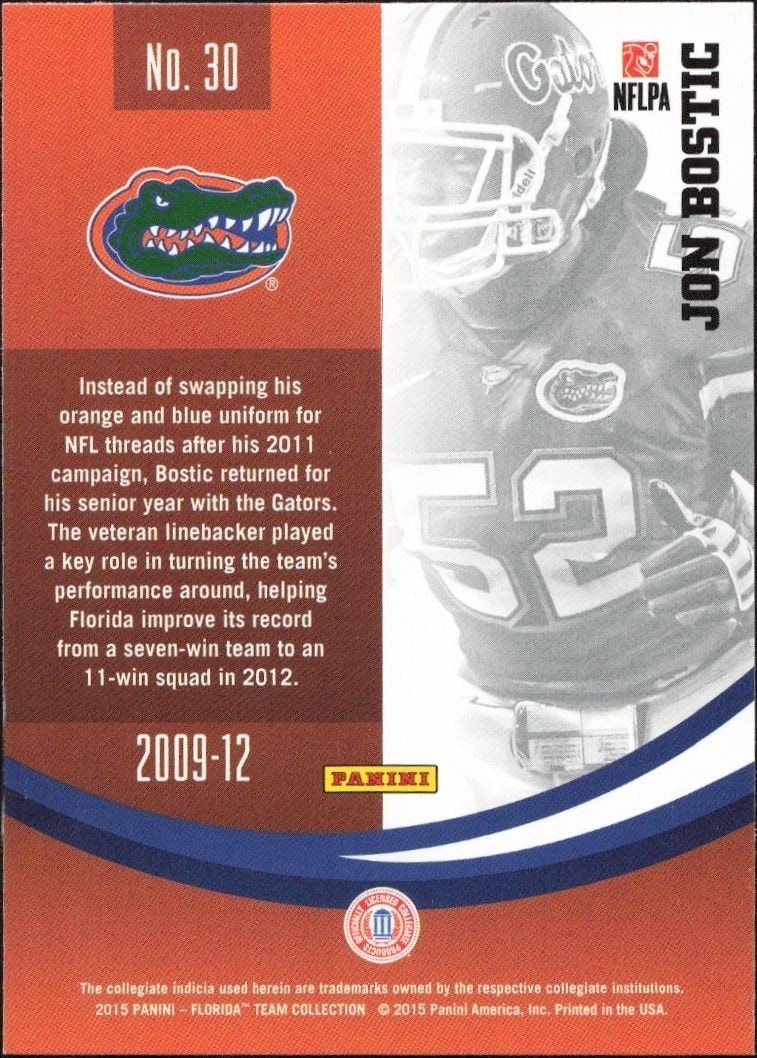 2015 Panini Florida Gators Jon Bostic #30 football trading card back