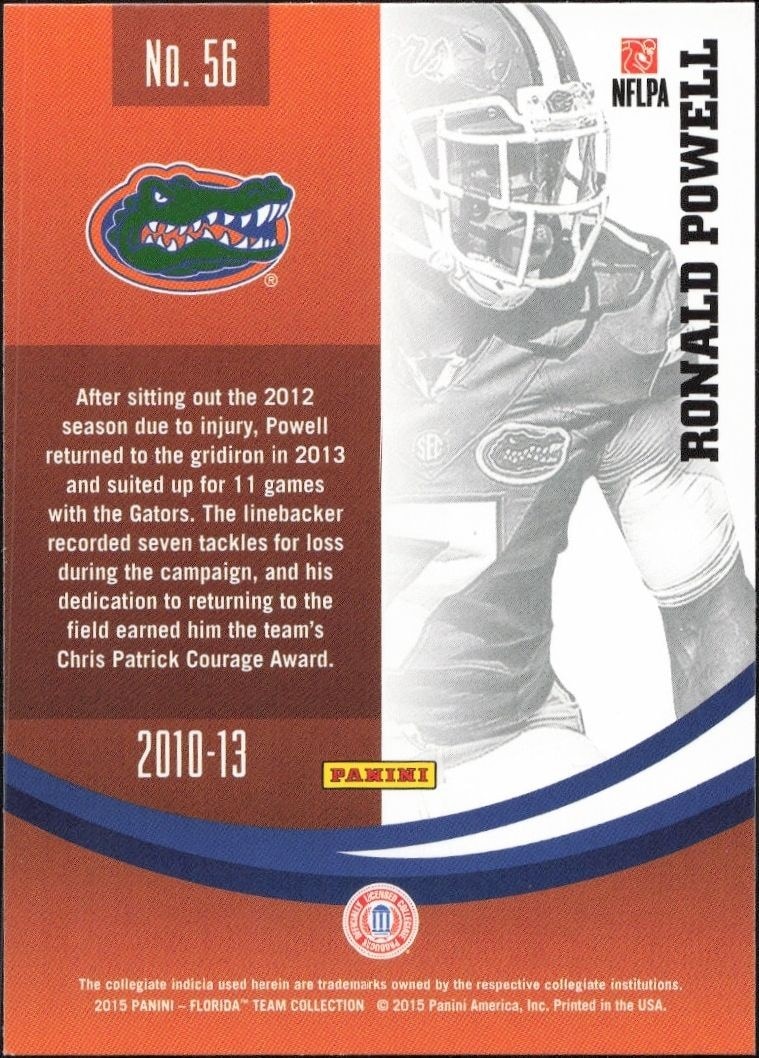 2015 Panini Florida Gators Ronald Powell #56 football trading card back