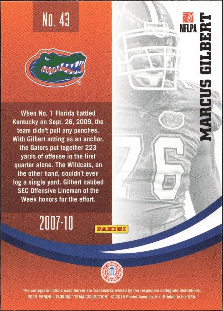 2015 Panini Florida Gators Marcus Gilbert #43 football trading card back