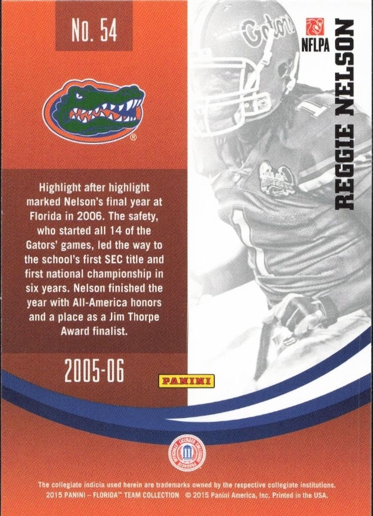 2015 Panini Florida Gators Reggie Nelson #54 football trading card back