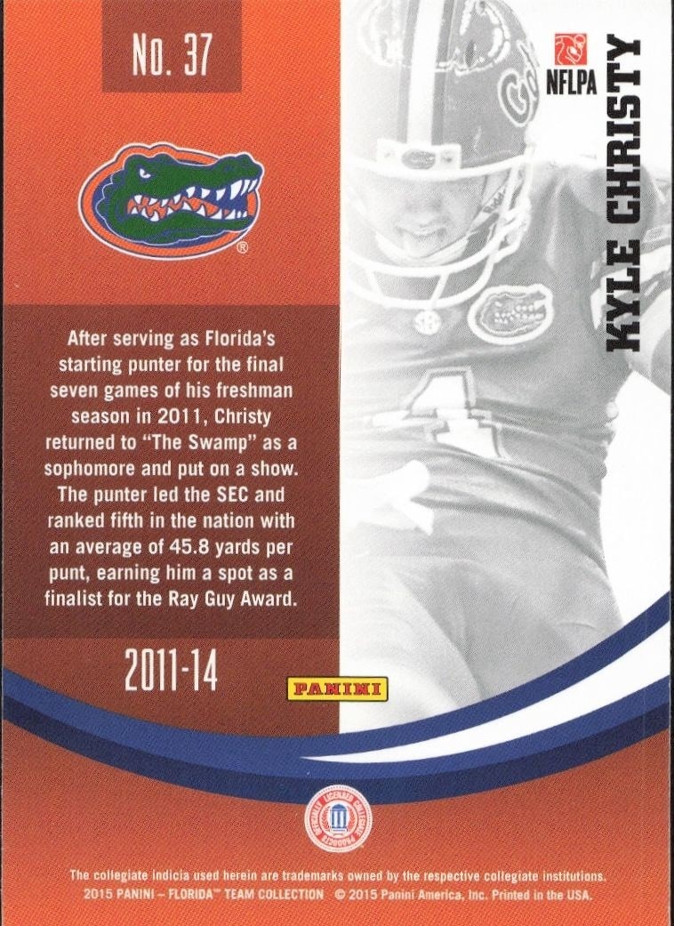 2015 Panini Florida Gators Kyle Christy #37 football trading card back