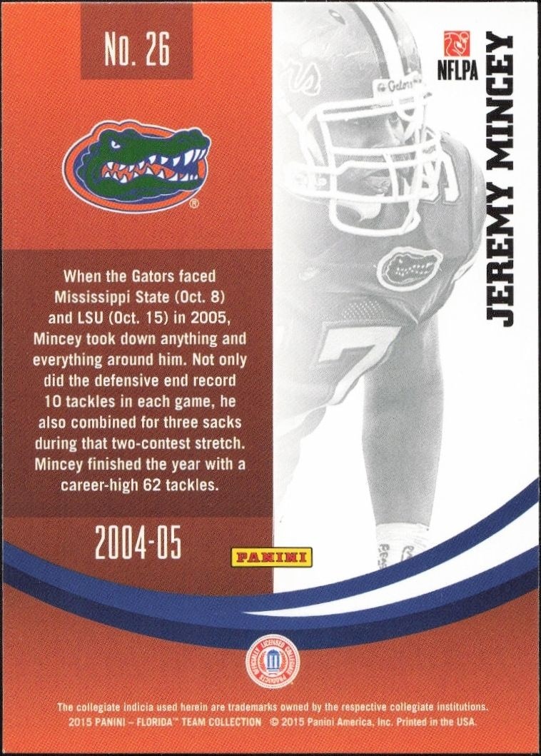 2015 Panini Florida Gators Jeremy Mincey #26 football trading card back