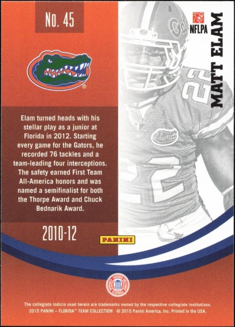 2015 Panini Florida Gators Matt Elam #45 football trading card back