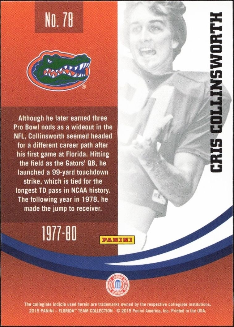2015 Panini Florida Gators Cris Collinswoeth #78 football trading card back