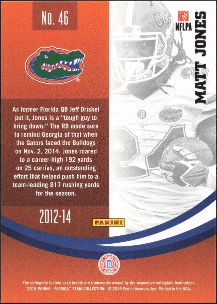 2015 Panini Florida Gators Matt Jones #46 football trading card back