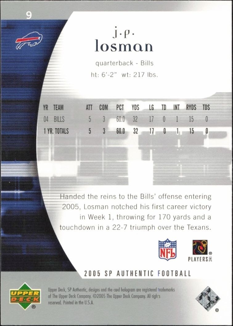 2005 Upper Deck SP Authentic J.P. Losman #9 football trading card back