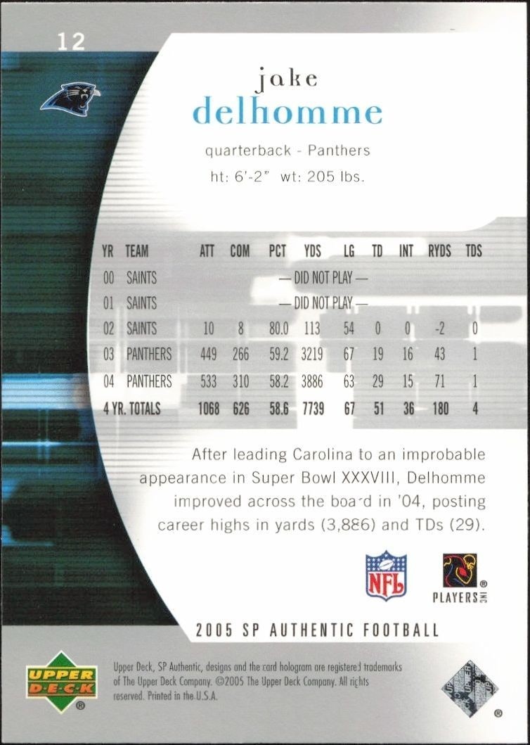 2005 Upper Deck SP Authentic Jake Delhomme #12 football trading card back