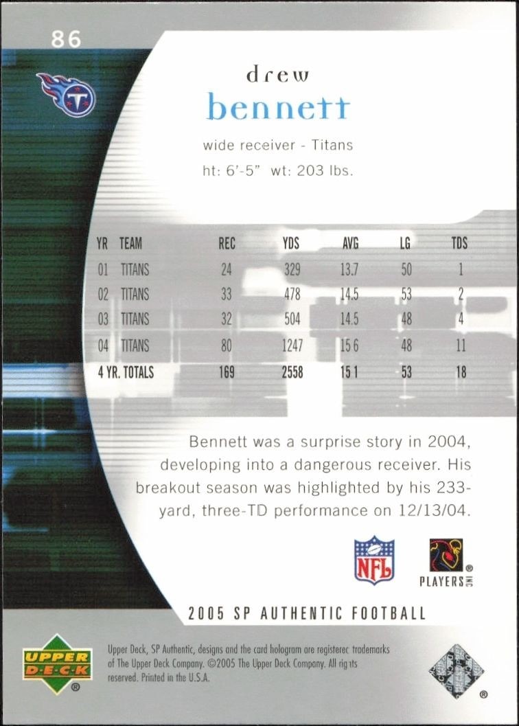 2005 Upper Deck SP Authentic Drew Bennett #86 football trading card back