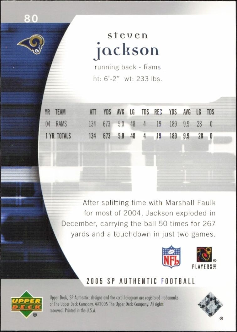 2005 Upper Deck SP Authentic Steven Jackson #80 football trading card back