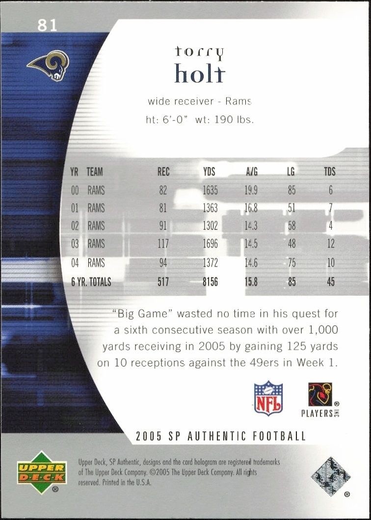 2005 Upper Deck SP Authentic Torry Holt #81 football trading card back