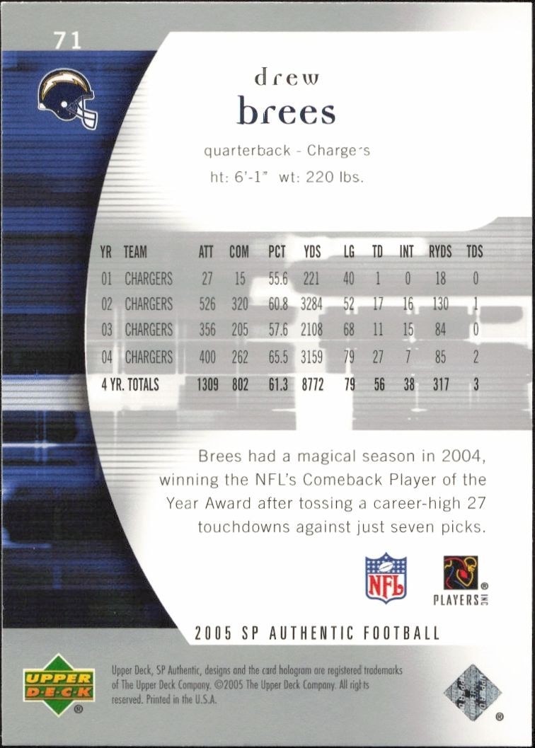 2005 Upper Deck SP Authentic Drew Brees #71 football trading card back