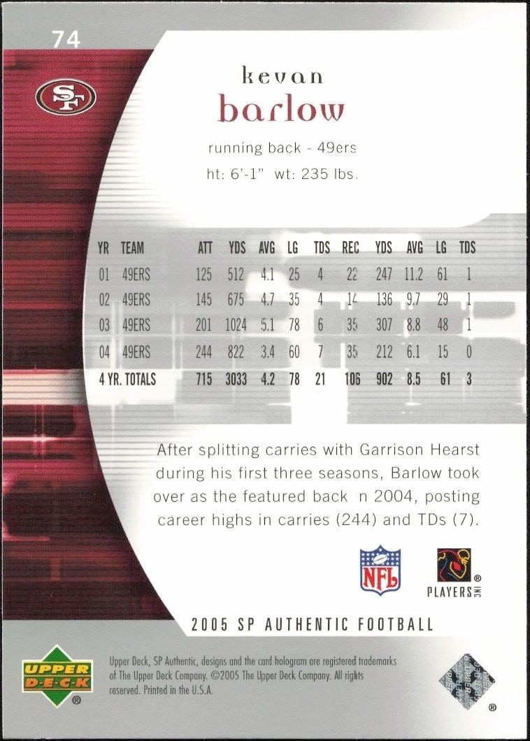2005 Upper Deck SP Authentic Kevan Barlow #74 football trading card back