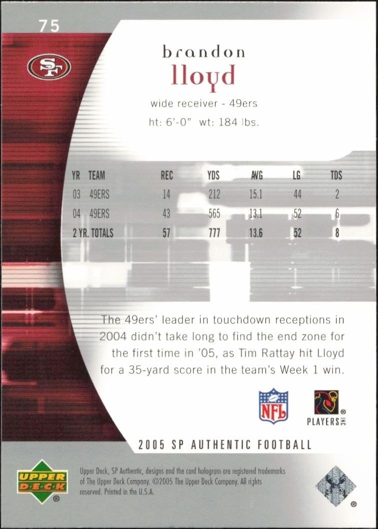 2005 Upper Deck SP Authentic Brandon Lloyd #75 football trading card back