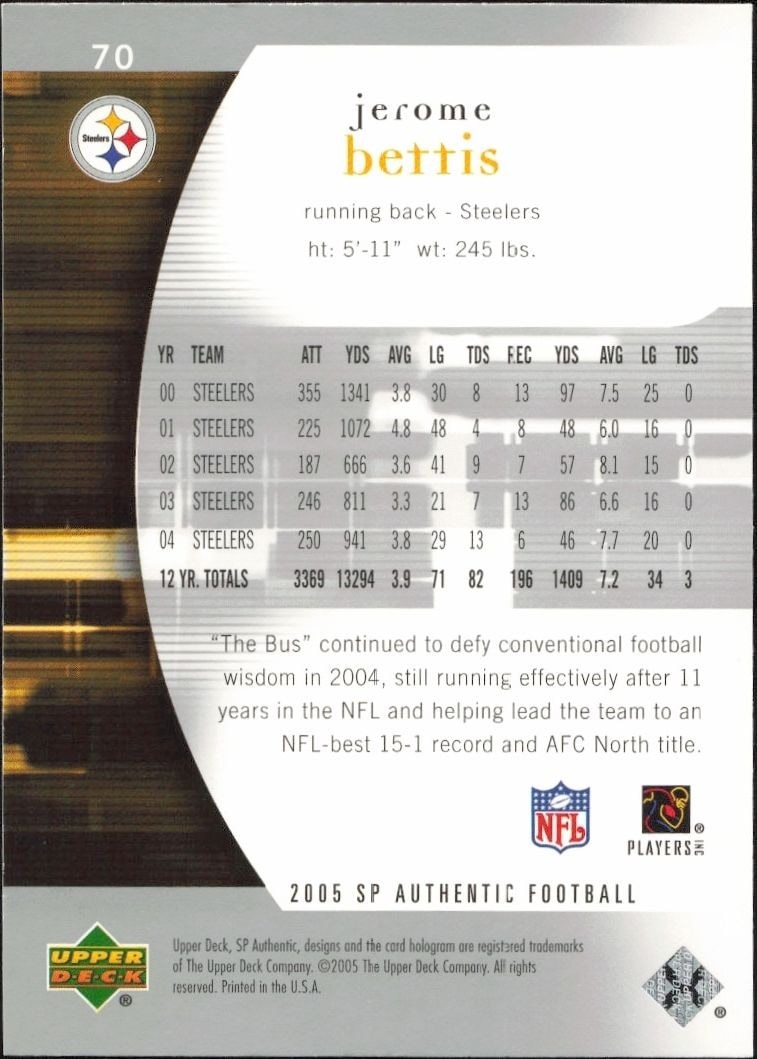 2005 Upper Deck SP Authentic Jerome Bettis #70 football trading card back