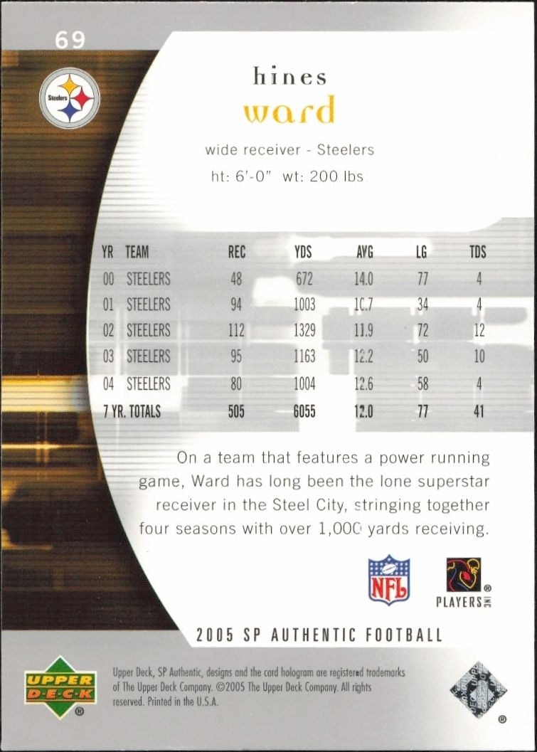 2005 Upper Deck SP Authentic Hines Ward #69 football trading card back